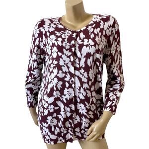 Loft Womens XL Burgundy Floral Button Up Cardigan To Lightweight 100% Cotton
